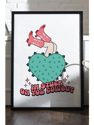 Duvarda Kovboy Çizme Doğal Ahşap Çerçeveli Poster, Dekoratif Hediyelik Duvar Tablosu