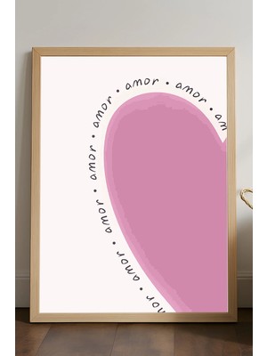Duvarda Pembe Kalp Doğal Ahşap Çerçeveli Poster, Dekoratif Hediyelik Duvar Tablosu