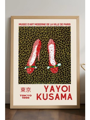 Duvarda Yayoi Kusama Doğal Ahşap Çerçeveli Poster, Dekoratif Sanatsal Duvar Tablosu