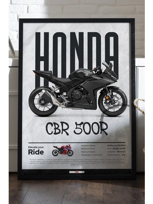 Duvarda Honda Cbr 500R Siyah Ahşap Çerçeveli Poster, Dekoratif Motosiklet Duvar Tablosu