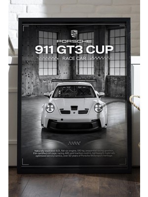 Duvarda Porsche 911 Gt3 Cup Siyah Ahşap Çerçeveli Poster, Dekoratif Araba Duvar Tablosu