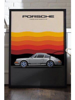 Duvarda Porsche 911 Siyah Ahşap Çerçeveli Poster, Dekoratif Araba Duvar Tablosu