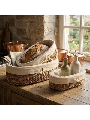Yağmur Store 3'lü Hasır Oval Bezli Düzenleyici Sepet Seti - Çıkarılabilir Kumaş Astarlı Ekmek ve Sunum Sepeti - Banyo, Mutfak ve Bebek Odası Için Çok Amaçlı Organizer (42X25 cm Büyük Boy)