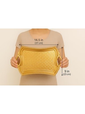 Yağmur Store Osmanlı Motifli Dikdörtgen Metal Servis Tepsisi – Kulplu 2 Kişilik Sunum Tepsisi, 37 x 23 Cm, 373 G, Gold ve Gümüş Renk Seçeneği (Altın Sarısı)