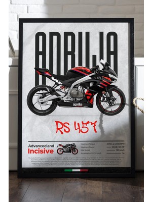 Duvarda Aprilia Rs 457 Siyah Ahşap Çerçeveli Poster, Dekoratif Motosiklet Duvar Tablosu