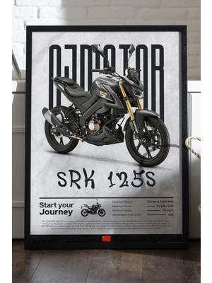 Duvarda Qj Motor Srk 125S Siyah Ahşap Çerçeveli Poster, Dekoratif Motosiklet Duvar Tablosu