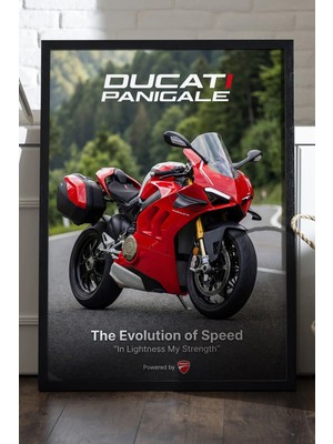 Duvarda Ducati Panigale Siyah Ahşap Çerçeveli Poster, Dekoratif Motosiklet Duvar Tablosu