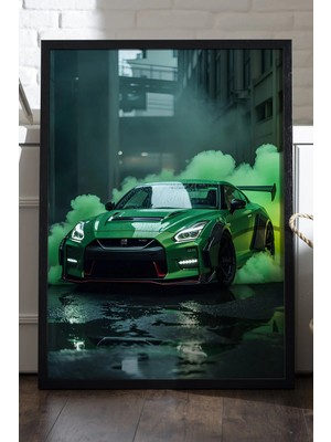 Duvarda Nissan Gtr Siyah Ahşap Çerçeveli Poster, Dekoratif Araba Duvar Tablosu