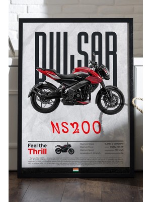 Duvarda Bajaj Pulsar Ns 200 Siyah Ahşap Çerçeveli Poster, Dekoratif Motosiklet Duvar Tablosu