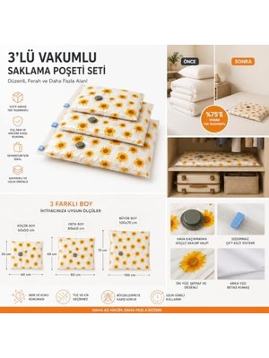 Yağmur Store 3'lü Vakumlu Hurç Saklama Seti Şeffaf Ön Yüzlü Yorgan Battaniye Kıyafet Düzenleme ve Depolama Poşeti