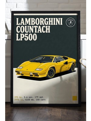 Duvarda Lamborghini Countach LP500 Siyah Ahşap Çerçeveli Poster, Dekoratif Araba Duvar Tablosu