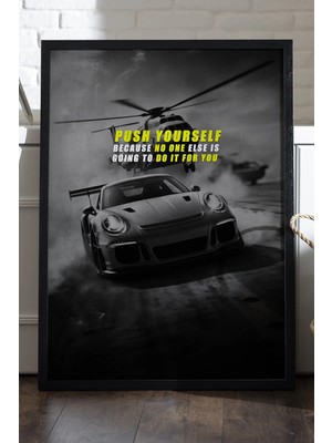 Duvarda Araba Motivasyon Siyah Ahşap Çerçeveli Poster, Dekoratif Araba Duvar Tablosu
