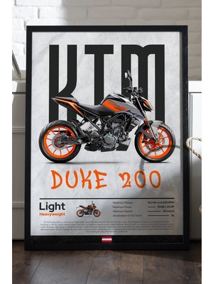 Duvarda Ktm Duke 200 Siyah Ahşap Çerçeveli Poster, Dekoratif Motosiklet Duvar Tablosu