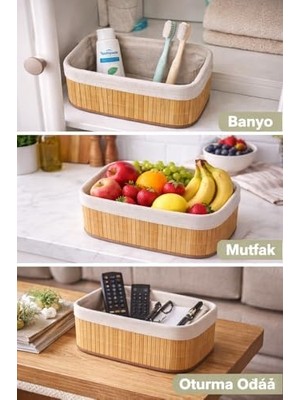 Yağmur Store Bambu Meyvelik Sepeti 3’lü Set – Küçük, Orta, Büyük Boy – Çıkarılabilir Kumaş Astarlı – Doğal Ahşap Dekoratif Tezgah & Masa Üstü Organizer (Large)