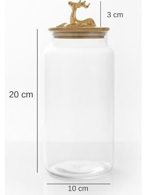 Yağmur Store 1400 ml Borosilikat Cam Kavanoz - Altın Geyikli Figür Bambu Kapaklı Lüks Saklama Kabı