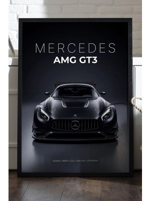 Duvarda Mercedes Amg Gt3 Siyah Ahşap Çerçeveli Poster, Dekoratif Araba Duvar Tablosu