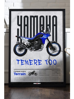 Duvarda Yamaha Tenere 700 Siyah Ahşap Çerçeveli Poster, Dekoratif Motosiklet Duvar Tablosu