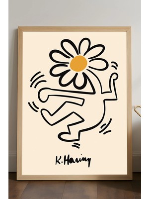 Duvarda Ketih Haring Doğal Ahşap Çerçeveli Poster, Dekoratif Sanatsal Duvar Tablosu