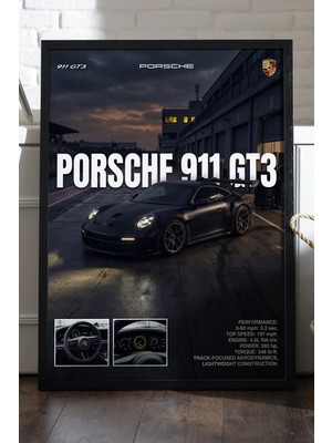 Duvarda Porsche 911 Gt3 Siyah Ahşap Çerçeveli Poster, Dekoratif Araba Duvar Tablosu