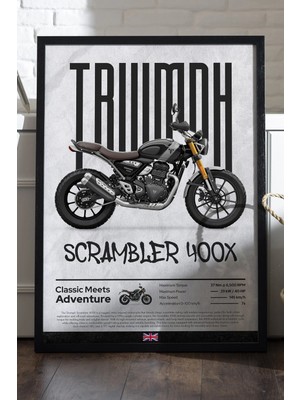Duvarda Triumph Scrambler 400 Siyah Ahşap Çerçeveli Dekoratif Motosiklet Duvar Tablosu