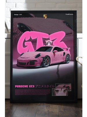 Duvarda Porsche 911 Gt3 Siyah Ahşap Çerçeveli Poster, Dekoratif Araba Duvar Tablosu