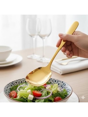 Yağmur Store Premium Altın Kaplama Paslanmaz Çelik Servis Kaşığı – 21 cm Şık ve Dayanıklı Sunum Kaşığı