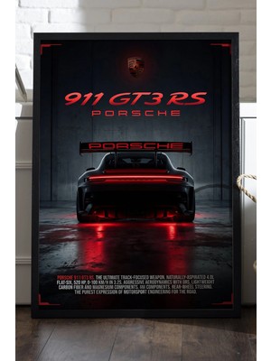 Duvarda Porsche 911 Gt3 Rs Siyah Ahşap Çerçeveli Poster, Dekoratif Araba Duvar Tablosu