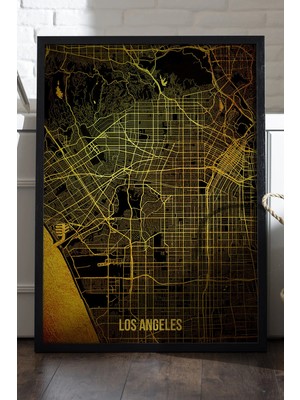 Duvarda Los Angeles Şehir Haritası Siyah Ahşap Çerçeveli Poster, Dekoratif Harita Duvar Tablosu