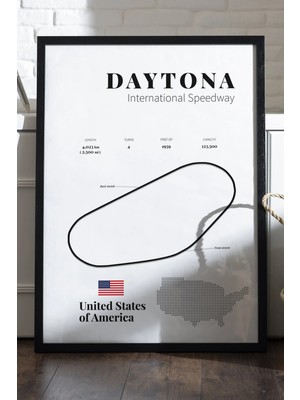 Duvarda Daytona Formula 1 Siyah Ahşap Çerçeveli Poster, Dekoratif Harita Duvar Tablosu