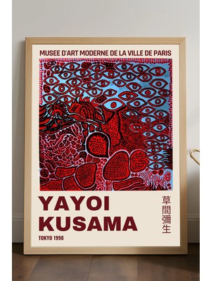 Duvarda Yayoi Kusama Doğal Ahşap Çerçeveli Poster, Dekoratif Sanatsal Duvar Tablosu