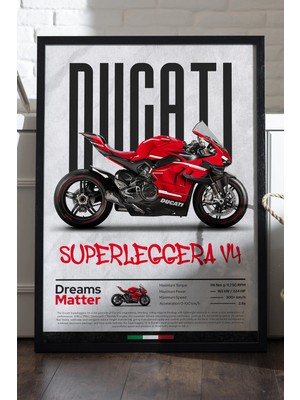 Duvarda Ducati Superleggera V4 Siyah Ahşap Çerçeveli Poster, Dekoratif Motosiklet Duvar Tablosu