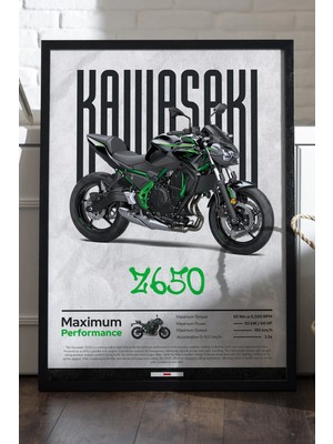 Duvarda Kawasaki Z650 Siyah Ahşap Çerçeveli Poster, Dekoratif Motosiklet Duvar Tablosu
