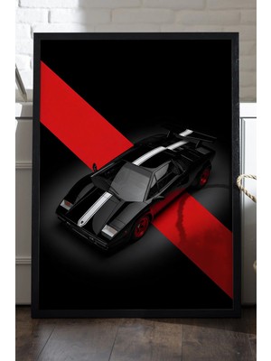 Duvarda Lamborghini Countach Siyah Ahşap Çerçeveli Poster, Dekoratif Araba Duvar Tablosu