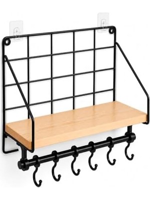 NY Home Duvara Asılabilir Yapışkanlı Raf ve 6 Kancalı Organizer, Ahşap Raflı Metal Mutfak Düzenleyici, Delmeden Monte Edilebilir Askılı Duvar Rafı, Baharatlık, Havluluk, Bardaklık