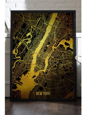 Duvarda New York Şehir Haritası Siyah Ahşap Çerçeveli Poster, Dekoratif Harita Duvar Tablosu