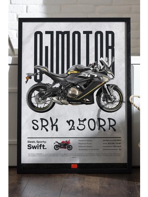 Duvarda Qj Motor Srk 250RR Siyah Ahşap Çerçeveli Poster, Dekoratif Motosiklet Duvar Tablosu