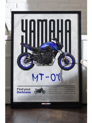 Duvarda Yamaha Mt-07 Siyah Ahşap Çerçeveli Poster, Dekoratif Motosiklet Duvar Tablosu