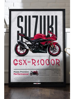Duvarda Suzuki GSX-R1000 R Siyah Ahşap Çerçeveli Poster, Dekoratif Motosiklet Duvar Tablosu