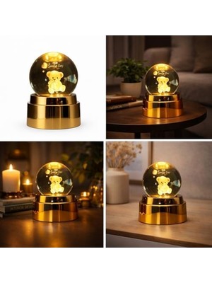 NY Home Smile Day 3D Kristal Top Gece Lambası, Teddy Bear Figürlü, Altın Rengi Tabanlı, LED Aydınlatmalı, Sevgiliye Hediye