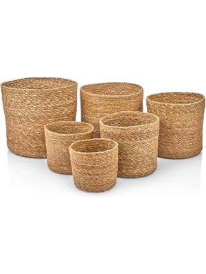 Yağmur Store 6'lı Rustik El Yapımı Doğal Yuvarlak Hasır Düzenleyici Saksı Seti | 6 Adet Hasır Yuvarlak Organizer Saksılık Dekoratif, Çok Amaçlı ve Dayanıklı Rattan Sepetler 6 Farklı Boy