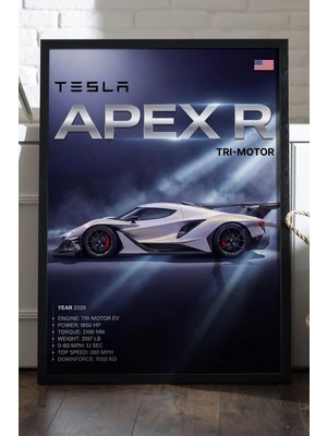 Duvarda Tesla Apex R Siyah Ahşap Çerçeveli Poster, Dekoratif Araba Duvar Tablosu