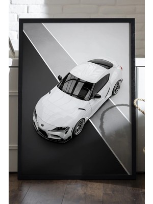 Duvarda Toyota Supra Siyah Ahşap Çerçeveli Poster, Dekoratif Araba Duvar Tablosu