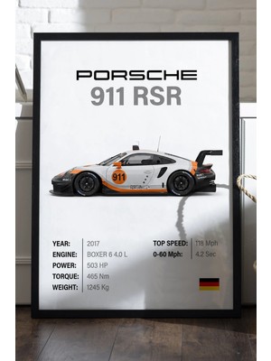 Duvarda Porsche 911 Rsr Siyah Ahşap Çerçeveli Poster, Dekoratif Araba Duvar Tablosu
