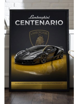 Duvarda Lamborghini Centenario Siyah Ahşap Çerçeveli Poster, Dekoratif Araba Duvar Tablosu