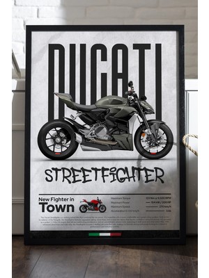 Duvarda Ducati Street Fighter Siyah Ahşap Çerçeveli Poster, Dekoratif Motosiklet Duvar Tablosu