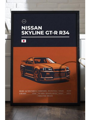 Duvarda Nissan Skyline Gt-R R34 Siyah Ahşap Çerçeveli Poster, Dekoratif Araba Duvar Tablosu