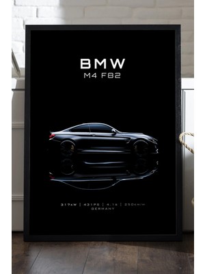 Duvarda Bmw M4 F82 Siyah Ahşap Çerçeveli Poster, Dekoratif Araba Duvar Tablosu