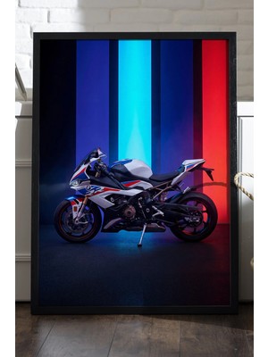 Duvarda Bmw S1000RR Siyah Ahşap Çerçeveli Poster, Dekoratif Motosiklet Duvar Tablosu