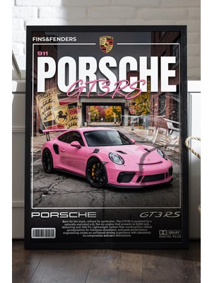 Duvarda Porsche 911 Gt3 Rs Siyah Ahşap Çerçeveli Poster, Dekoratif Araba Duvar Tablosu