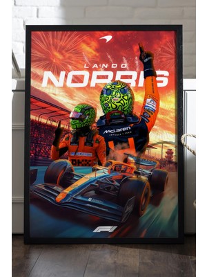 Duvarda Lando Norris Siyah Ahşap Çerçeveli Poster, Dekoratif Formula 1 Duvar Tablosu